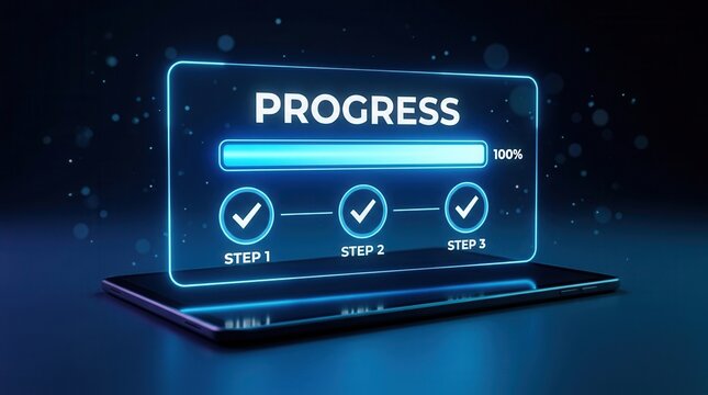 Three checked steps and a digital progress bar at 100% completion representing finished tasks on a tablet.