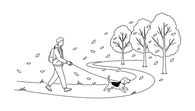Young man walking his dog on leash along curved park pathway during windy autumn season sketch