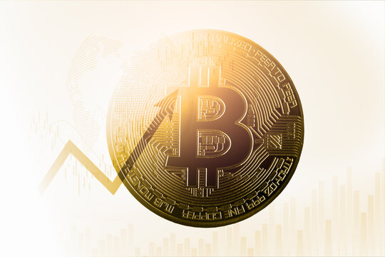 Modern way of exchange. Bitcoin is convenient payment in global economy market. Virtual digital currency and financial investment trade concept. Abstract cryptocurrency with gold bitcoin background.
