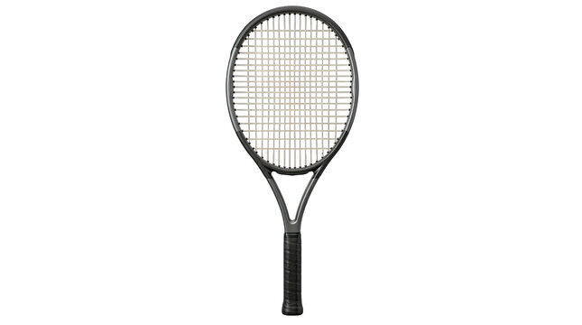 Professional graphite tennis racket with black grip tape and white strings isolated on transparent background.