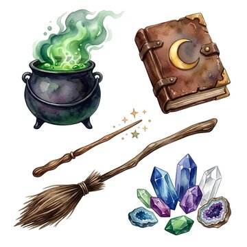 Watercolor witch cauldron spellbook and magic wand clipart set, isolated on white background
