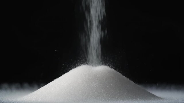 White Sugar Crystals Pouring Into A Heap Against Black Background