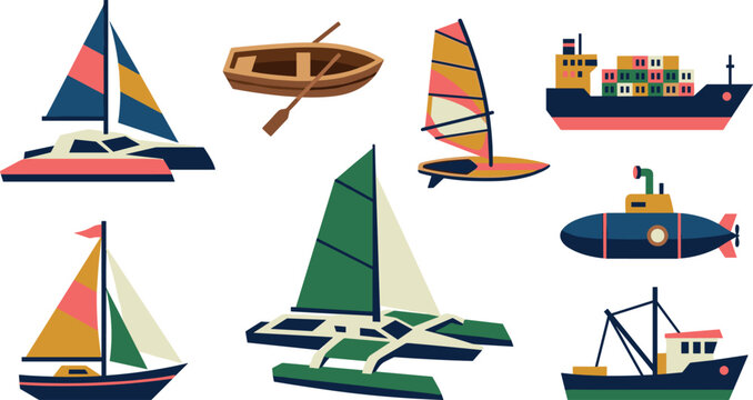 Flat modern vector illustration set of ships and sailboats featuring catamaran windsurfer rowboat container cargo ship submarine and fishing boat isolated