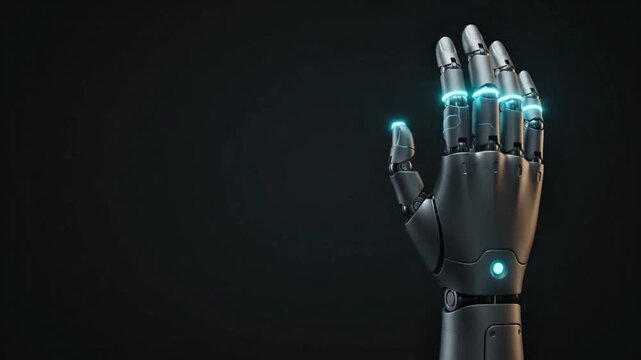 A black robotic hand with a glowing blue light opens its fingers against a dark background.