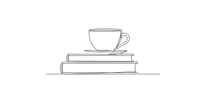Continuous line drawing of a stack of books with a coffee cup on top