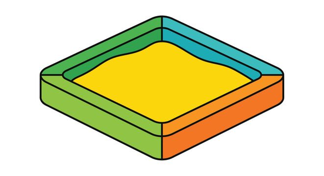 Isometric sandbox with yellow sand and colorful walls is depicted in a vector illustration playpen