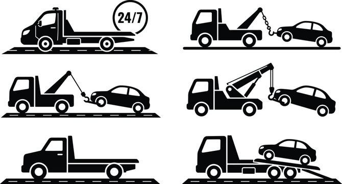 Tow truck service icons set featuring flatbed towing roadside assistance emergency evacuation and broken car vehicle transport vector