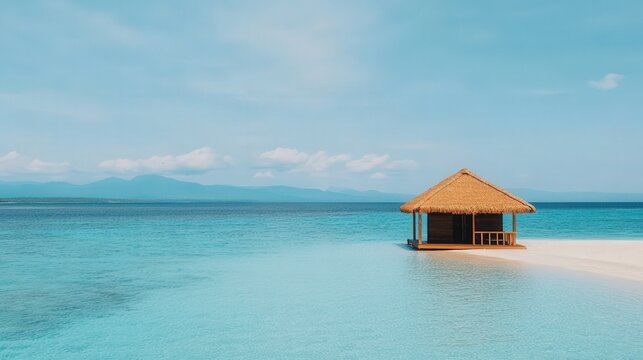 A tranquil beach scene featuring a thatched hut over clear turquoise water, with mountains visible in the distance under a blue sky.