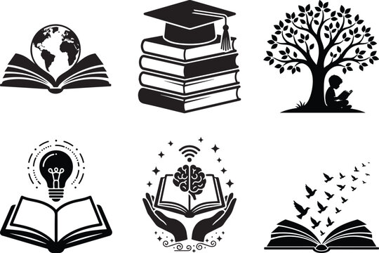 Educational Vector Silhouette Icons Set Featuring Book Globe Graduation Cap Tree Lightbulb And Brain Concepts