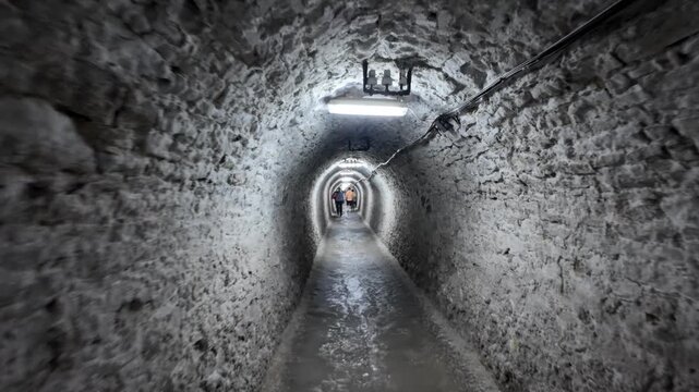 Walking through illuminated historic stone underground salt mine tunnel.