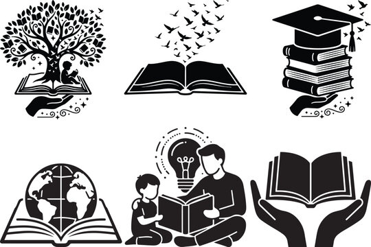 Educational Vector Silhouette Icons Set Featuring Tree Of Knowledge Graduation Cap Globe And Reading Concepts