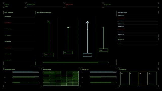 Military command and control HUD for war documentary graphics, with unit track panels, status markers, grids, and green cyan red lines on black loops seamlessly