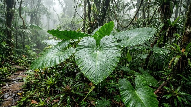 Lush Tropical Rainforest Scene with Large Green Elephant Ear Leaves Covered in Rain Water Drops in Misty Jungle Nature