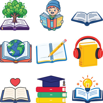 Educational Vector Illustration Set Featuring Books Tree Globe Boy Headphones and Graduation Cap Concepts