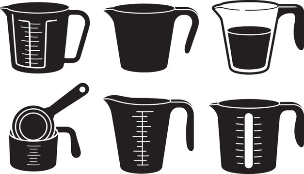 Set of kitchen measuring cups and spoons for cooking and baking household utensils icons.