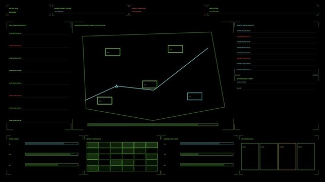 Military targeting HUD for war documentary graphics, with central airspace track boxes, route lines, status panels, and green cyan graphics on black. The command interface loops seamlessly for defense