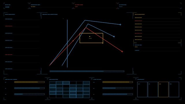 Military targeting HUD for war documentary graphics, featuring a dark command interface with colored route lines, target box, status panels, and mission data animation loops seamlessly