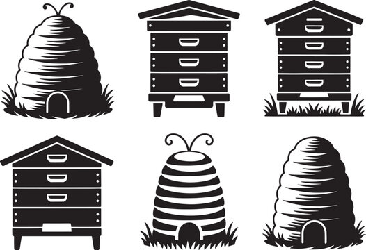 Collection of beehive icons and wooden bee house illustrations for beekeeping and honey production.