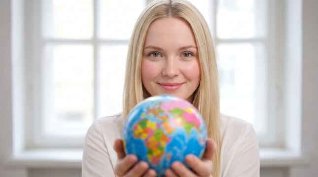 junge frau mit weltkugel
