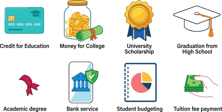 Education finance icons set with college savings jar scholarship medal graduation cap tuition payment and student budgeting elements