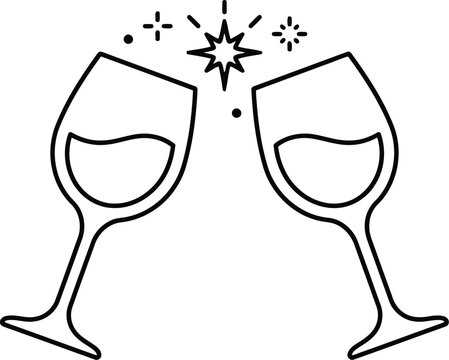 Two wine glasses clinking together with celebration sparkle stars simple line art icon for party events and holiday beverage toasts