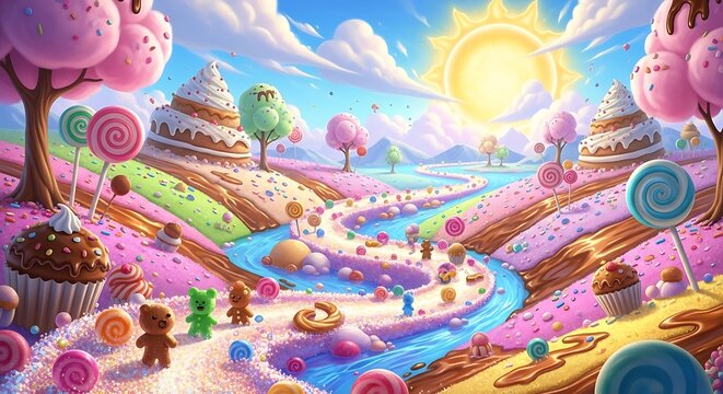 Fantasy candy land illustration colorful scenic landscape with sweets