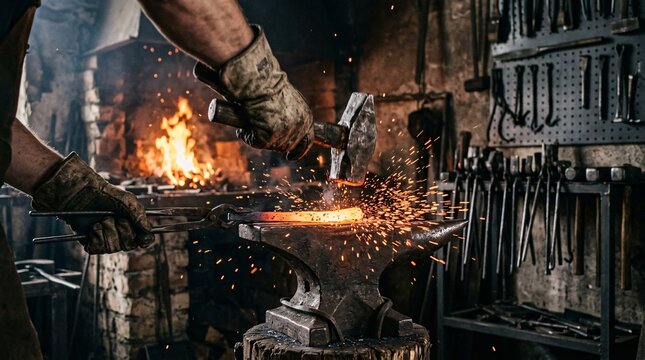 Skilled blacksmith striking hot glowing metal with a hammer on a steel anvil.