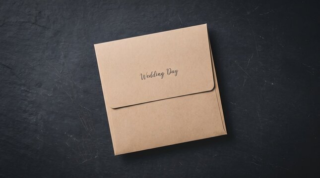Elegant brown wedding day envelope with script font, luxury stationery mockup, romantic celebration invitation design, dark textured background photography style