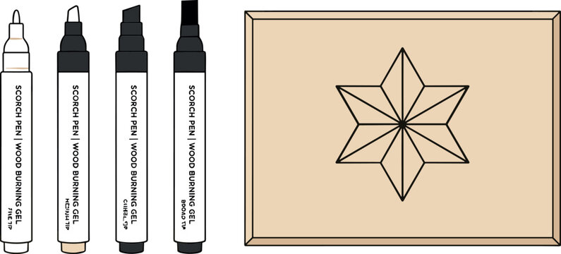 Wood Burning Marker Pen Set with Pyrography Scorch Gel Tips and Engraved Star Pattern on Wooden Plaque for DIY Crafting Vectors