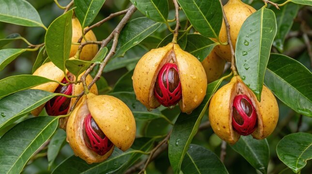 Ripe nutmeg fruits hanging on a tree branch with split yellow husks revealing bright red arils and dark brown seeds, surrounded by green leaves in a tropical orchard