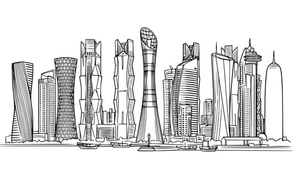 Doha Qatar city skyline hand drawn architectural outline vector illustration