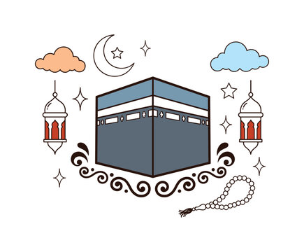 The kaaba building surrounded by islamic lanterns, crescent moon, stars, and prayer beads.