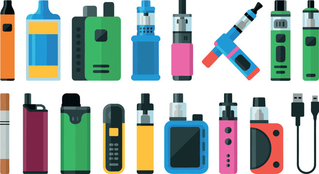 Colorful Electronic Cigarette and Vape Device Set Featuring Vaporizers, Box Mods, Pod Systems, and USB Charger Cables for Modern Retail and Web Graphics