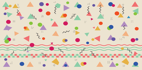 Fototapeta premium Abstract Geometric Collage: A vibrant and playful collage featuring a charming assortment of geometric shapes and patterns, evoking a sense of whimsical retro design.