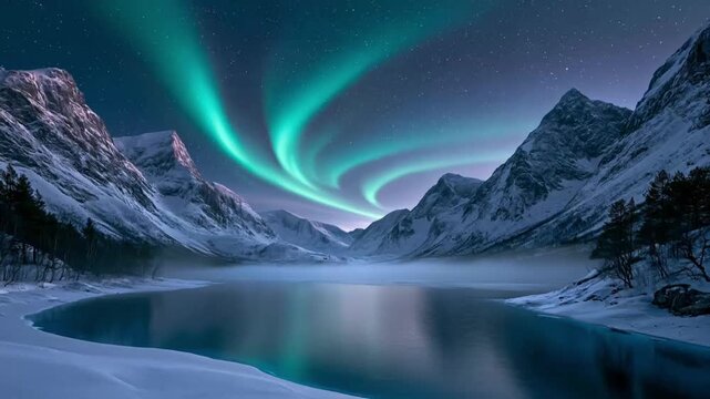 Aurora over snowy mountains and a tranquil alpine lake