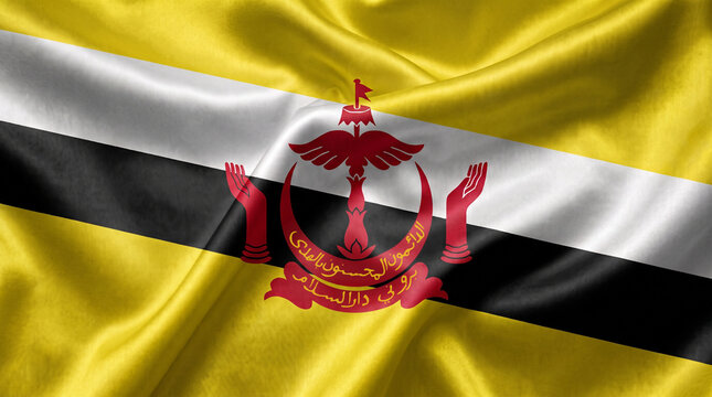 Waving Brunei Darussalam national flag background, realistic silk fabric texture