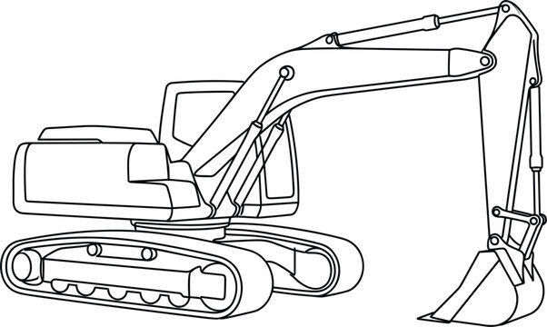 Heavy construction excavator vector illustration featuring industrial track hoe machine with digging bucket for building site development