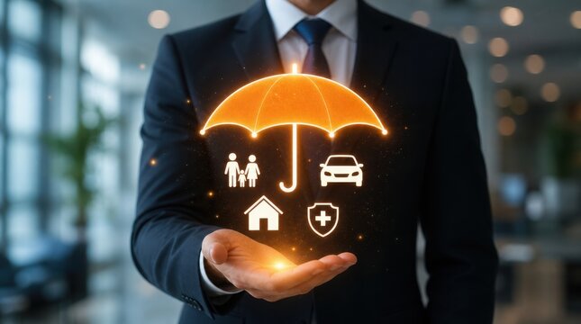 A businessman in a suit holds a glowing orange umbrella icon protecting symbols of family, home, car, and health, representing comprehensive insurance coverage.