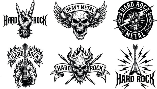 Heavy metal and hard rock music emblem collection featuring skulls winged symbols electric guitars lightning and rebel fire artwork