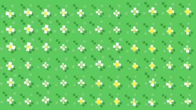 Animated pixel-art flower pattern featuring repeating green plants with white block-style petals and yellow centers. Flowers gently bounce, twist, sway, and bloom across a vibrant green background.