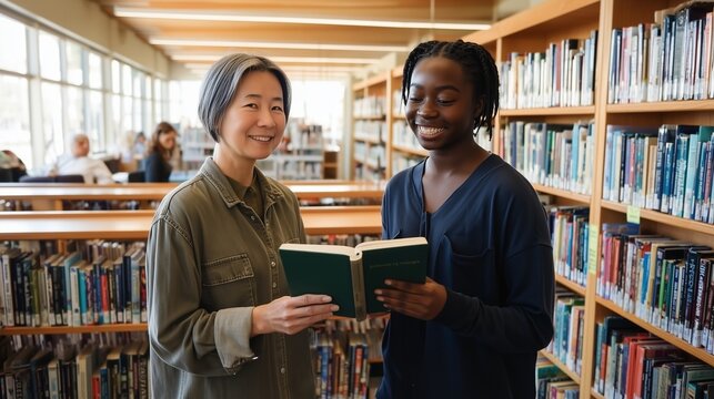 Two women smiling and holding books together in a bright library