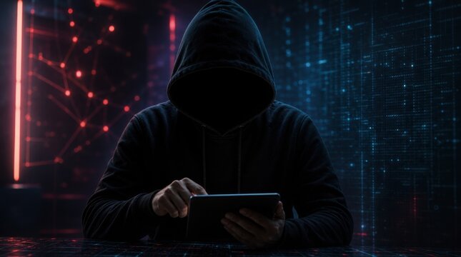 A hooded figure uses a tablet in a dark, digital environment symbolizing cyber hacking and cybersecurity threats.
