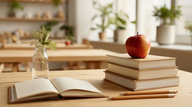 Sunlit Classroom Desk with Stacked Books, Apple, Open Notebook, and Pencils
