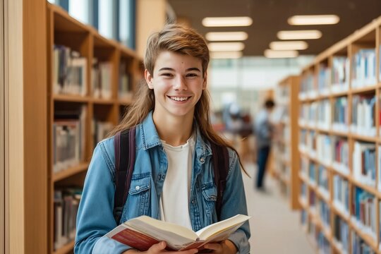 Smiling young student holding an open book in a library aisle