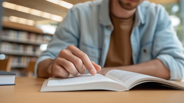 Young man reading an open book at a wooden table in a library