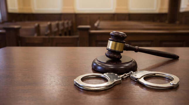 Silver handcuffs and wooden gavel on table, empty courtroom benches in background, resting on wooden surface, courtroom chamber interior, legal photography