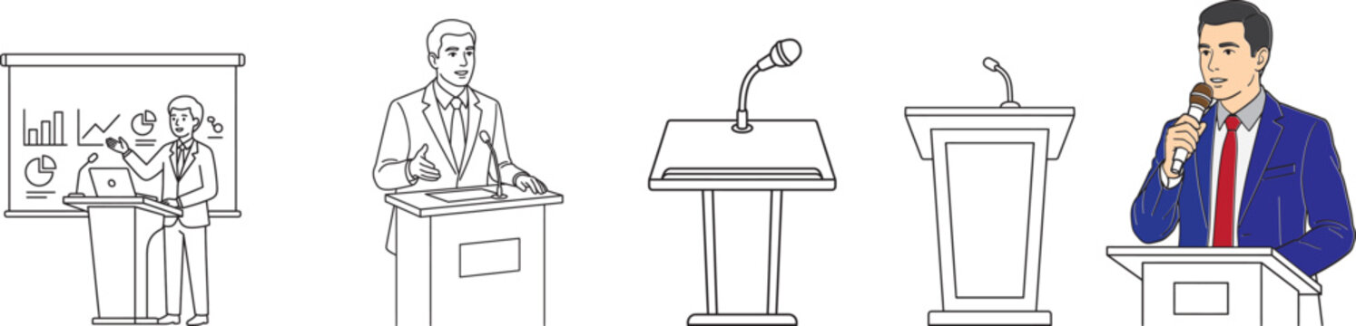 Business conference speakers and presentation lecterns with microphones for corporate events or public speaking.