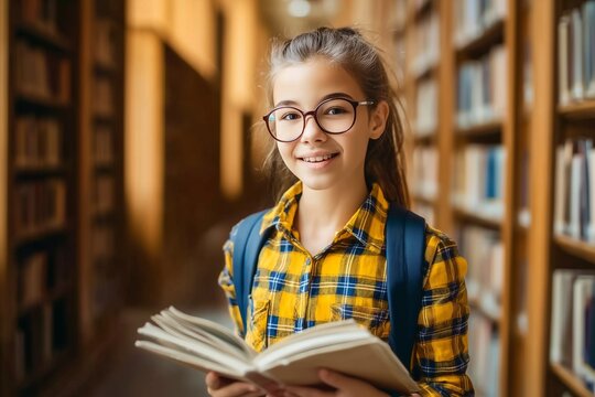 Young student holding an open book in a library