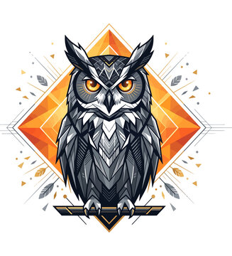 Wise owl mascot illustration with geometric frame detailed animal artwork for branding apparel