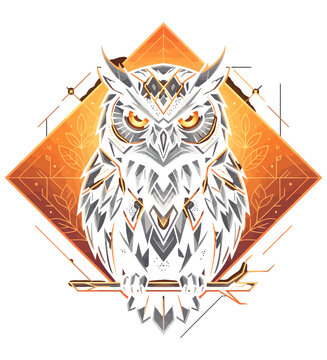 Detailed owl mascot inside geometric frame elegant wildlife illustration for branding merchandise